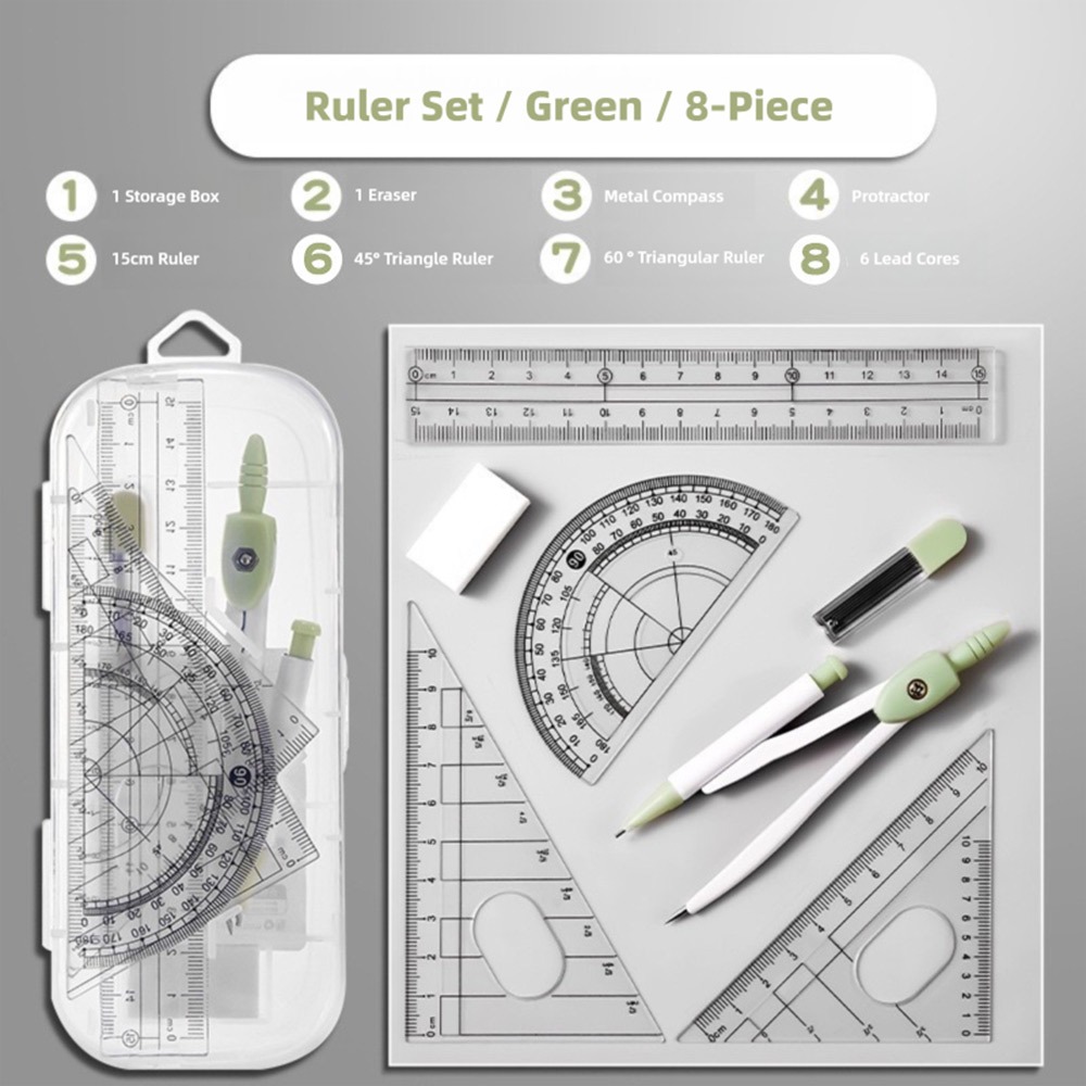 Ruler Set Transparent - 8 Buah/Set Penggaris Plastik Set Kompas